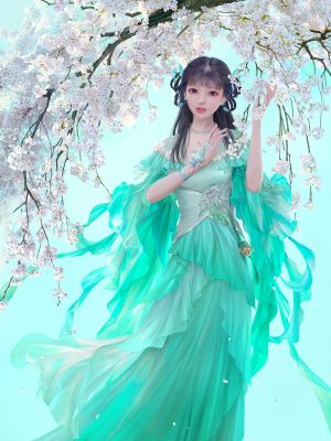 jade_dynasty,bi_yao,da_congjun,single,长发,長身像,视线正对,前发,黑发,直刘海,风,樱花