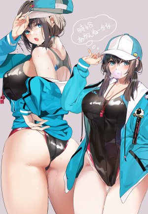 原创,marushin,前发,露肩,黑发,碧眼,脸红,胸部,cleavage,体操服,巨乳,长发,长袖,视线正对,開いた口,泳装,结发,双马尾