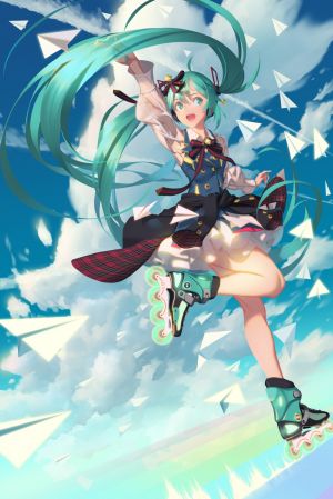 初音ミク,VOCALOID,vofan,呆毛,前发,连衣裙,全身,发饰,长发,长袖,魔法未来演唱会,開いた口,レインボー,缎带,衬衫,天空,双马尾