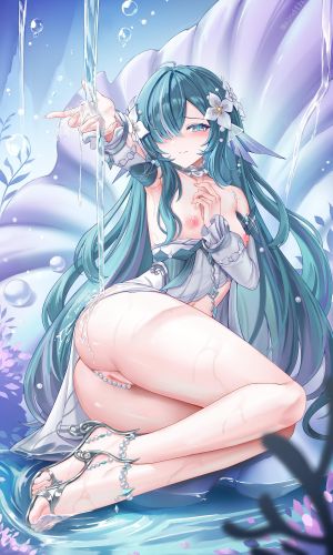 原神,jndfh,露肩,breasts,censored,连衣裙,绿发,发饰,长发,长袖,视线正对,nipples,张嘴,猫咪,笑顔,single,超长发