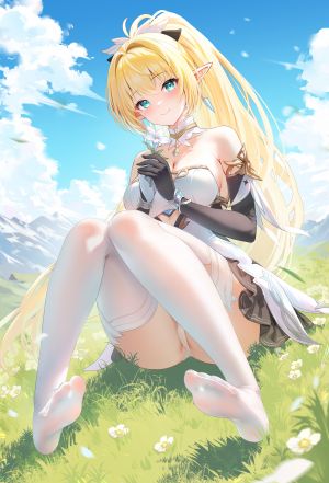 蓝色星原,symphoria,akusamu,single,长发,長身像,视线正对,前发,脸红,breasts,碧眼,笑顔,金发,露肩,天空,全身,尖耳,少女,丝袜,连衣裙,手套,下着,胖次,白丝,長手袋