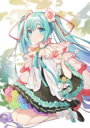 VOCALOID,魔法未来演唱会,初音ミク,白洛,single,长发,長身像,视线正对,坐姿,双马尾,holding,少女,连衣裙,发饰