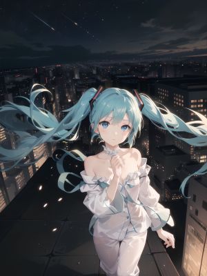 VOCALOID,初音ミク,amagaeru,AI生成图,露肩,碧眼,项圈,发饰,长发,视线正对,衬衫,天空,single,结发,双马尾,超长发