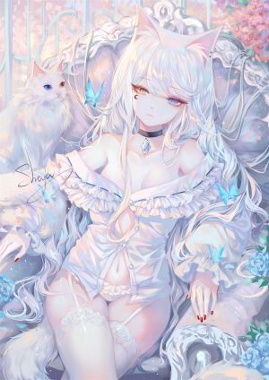 Sheya,オリジナル,女の子,猫耳,猫,candle,色白,白髪,cat