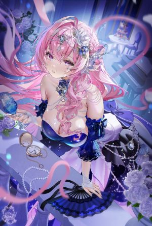 いさり,露肩,breasts,cleavage,连衣裙,发饰,长发,粉发,紫色眼,single