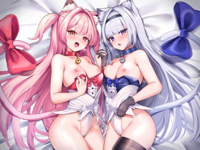 原创,guluco,兽耳,铃,黑丝,直刘海,脸红,breasts,猫耳,猫娘,猫尾,项圈,手套,灰发,长发,视线正对,横臥,nipples,開口,粉发,紫色眼,丝袜,超长发