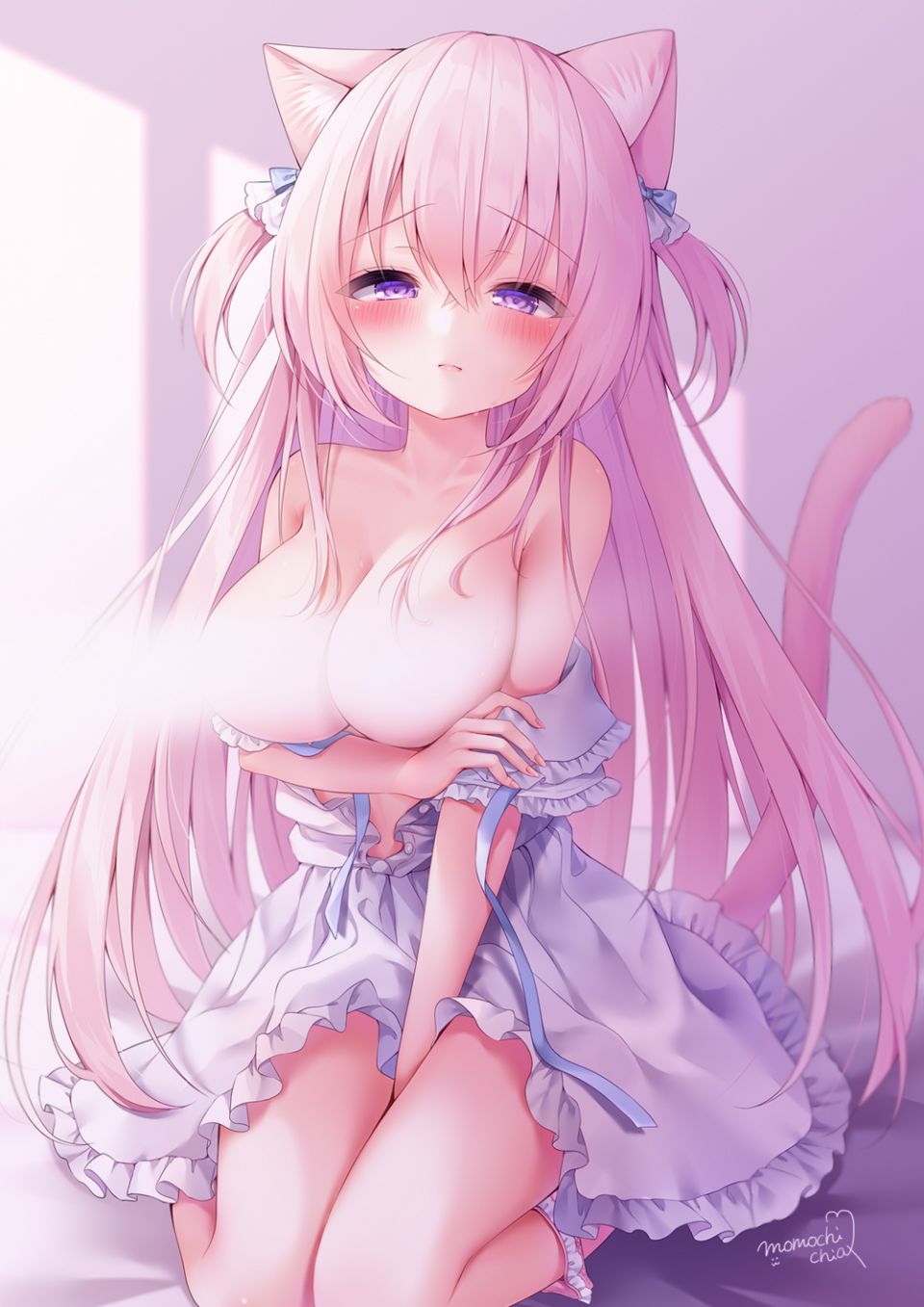 原创 桃稚ちあ 兽耳 露肩 脸红 Breasts 猫耳 猫娘