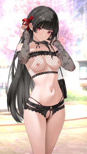 鸣潮,千咲,ir_who,single,长发,長身像,视线正对,前发,breasts,黑发,红色眼,nipples,直刘海,少女,露脐