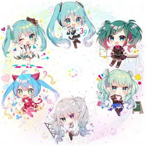 初音ミク,ニーゴミク,leo/need_miku,more_more_jump!_miku,vivid_bad_squad_miku,wonderlands_x_showtime_miku,世界计划,VOCALOID,taya_oco,黑丝,领结,手镯,チビ,项圈,连衣裙,全身,绿色眼,绿发,灰发