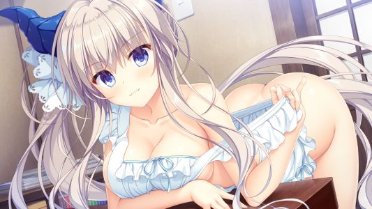 鷹乃ゆき,Whirlpool,竜姫ぐーたらいふ,围裙,碧眼,breasts,cleavage,长发,白发,游戏CG