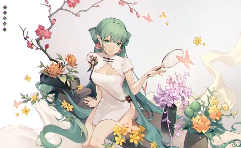 VOCALOID,初音ミク,韶华初音未来,eminya_27,single,视线正对,highres,笑顔,坐姿,绿色眼,超长发,传统服装,绿发,汉服