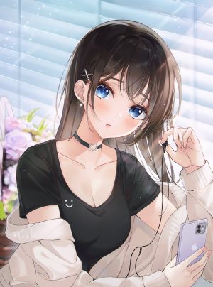 lebring,原创,黑发,碧眼,项圈,cleavage,发饰,holding,长发,视线正对,衬衫,single