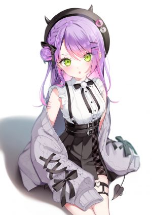 Vtuber,Hololive,常暗トワ,瀬川るな,single,长发,長身像,视线正对,白背景,绿色眼,紫发,阴影,恶魔娘