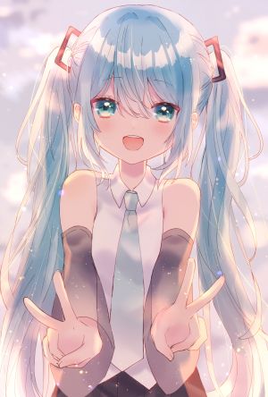 初音ミク,VOCALOID,あでりーぬ,青发,长发,长袖,视线正对,開口,衬衫,短裙,笑顔,single,双马尾,超长发