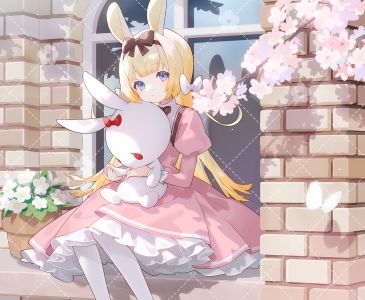 yamiko,原创,兽耳,金发,碧眼,兔子,兔耳,兔女郎,蝴蝶,樱花,连衣裙,长发,黑丝,cropped