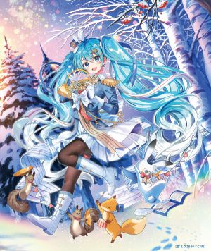 初音ミク,雪ミク,雪未来,VOCALOID,hanekoto,动物,前发,黑丝,碧眼,青发,羽毛,发饰,holding,ホルン,乐器,长发,视线正对,開いた口,缎带,短裙,笑顔,雪花,双马尾,白发,雪ミク2020