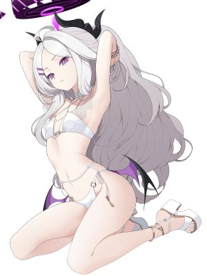 空崎ヒナ,羽沼マコト,蔚蓝档案,koflif,呆毛,水着,breasts,Cosplay,恶魔娘,光晕,horns,长发,视线正对,露脐,紫色眼,single,泳装,白背景,白发,翅膀