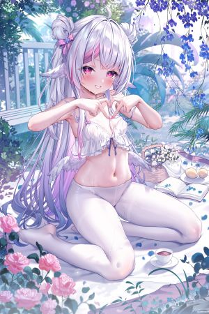 Sannio,原创,萝莉,Vtuber,前发,露肩,bra,双团子头,包子頭,发饰,lingerie,No-Bra,胖次,裤袜,结发,下着,白丝,呆毛,脸红,breasts,灰发,长发,露脐,粉发,紫色眼,超长发