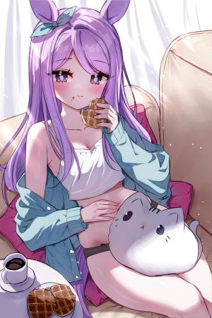 目白麦昆,赛马娘,tandohark,兽耳,脸红,breasts,开衫,猫,holding,长发,长袖,视线正对,胖次,紫色眼,紫发,坐姿,下着