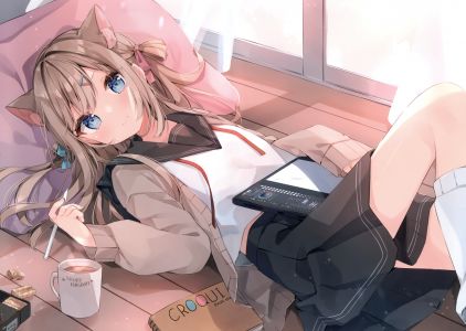 heripiro,原创,兽耳,碧眼,脸红,茶发,猫娘,kneehighs,长发,学校制服,短裙,scan