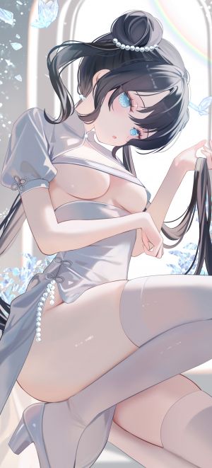 原创,moemoepiano,黑发,碧眼,脸红,breasts,汉服,双团子头,连衣裙,包子頭,发饰,长发,视线正对,张嘴,single,丝袜,超长发,白丝