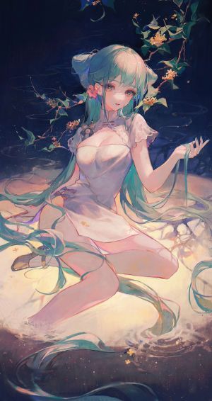 初音ミク,韶华初音未来,VOCALOID,汉服,cleavage,双团子头,连衣裙,发饰,holding,leaf,长发,视线正对,single,超长发