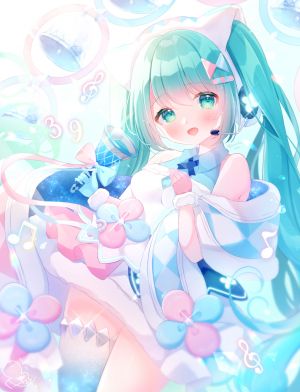 VOCALOID,魔法未来演唱会,初音ミク,omochi_monaka,single,长发,長身像,视线正对,脸红,開いた口,双马尾,少女,手套,铃