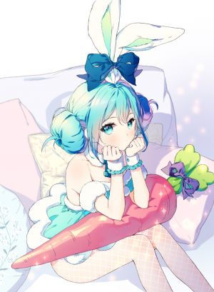 VOCALOID,初音ミク,bicute_bunnies_miku,rarumi,single,長身像,视线正对,脸红,短发,坐姿,兽耳,兔耳,可爱,少女,黑丝