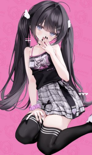 原创,ゆんみ,呆毛,露肩,黑发,黑丝,breasts,发饰,长发,迷你短裙,张嘴,褶皱裙,坐姿,短裙,笑顔,single,丝袜,双马尾,超长发,絶対領域