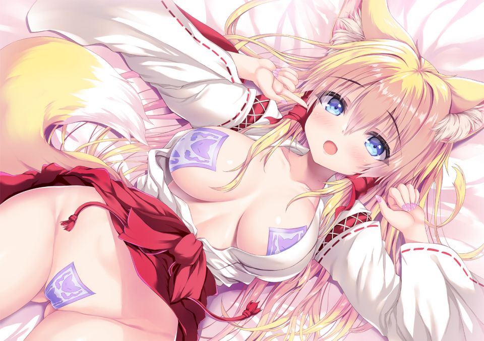 立羽 原创 兽耳 金发 和服 长发 巫女 No-Bra