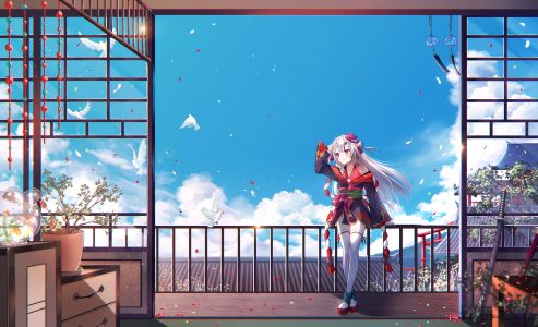 Vtuber,Hololive,百鬼菖蒲,haruhitooo,single,长发,highres,笑顔,红色眼,天空,银发,全身,少女,丝袜,动物