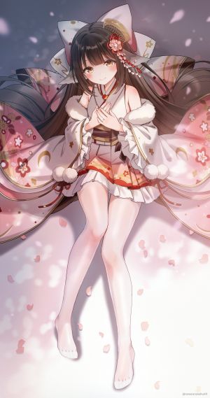 春月,碧蓝航线,sakuma_shiki,兽耳,露肩,脸红,茶发,发饰,和服,长发,长袖,裤袜,花瓣,褶皱裙,指环,短裙,黄色眼