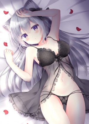 原创,兽耳,前发,露肩,脸红,bra,胸部,cameltoe,猫耳,猫娘,猫尾,lingerie,长发,视线正对,横臥,桃稚ちあ,露脐,胖次,花瓣,紫色眼,缎带,single,下着