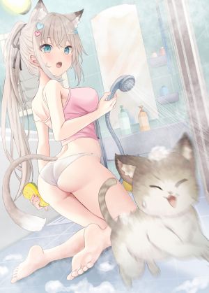 原创,akino_ell,动物,兽耳,碧眼,breasts,猫,猫耳,猫尾,灰发,发饰,holding,长发,胖次,马尾辫,缎带,single,下着