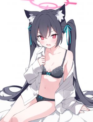 黑见芹香,蔚蓝档案,jyt,兽耳,黑发,脸红,bra,breasts,猫耳,猫娘,光晕,长发,视线正对,露脐,张嘴,开衫,胖次,红色眼,缎带,衬衫,坐姿,single,双马尾,下着