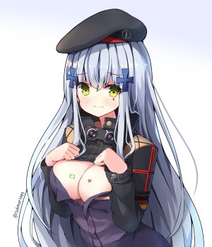 hk416,少女前線,twitter,sobmarine,前发,青发,脸红,胸部,cleavage,绿色眼,发饰,巨乳,长发,长袖,single,超长发,白背景