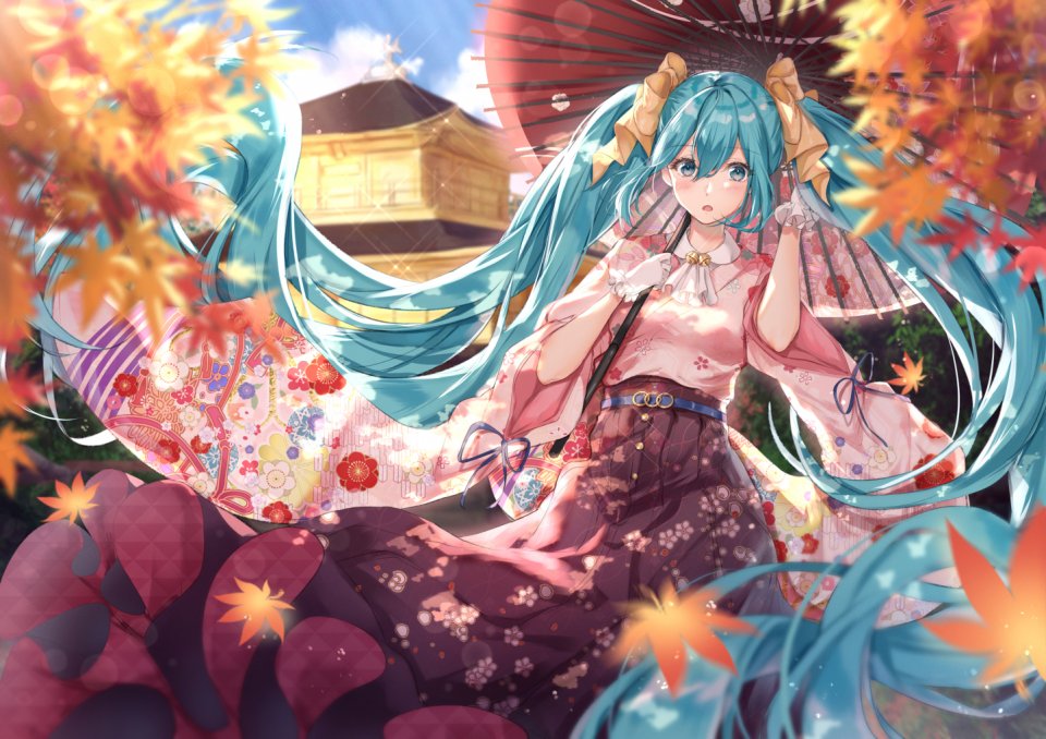 Nu10040904 初音ミク VOCALOID 和服 萝裙 双马尾 雨伞