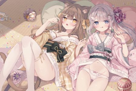 原创,hoshi,兽耳,露肩,脸红,breasts,棕色眼,茶发,猫耳,猫娘,猫尾,灰发,发饰,和服,长发,长袖,视线正对,横臥,露脐,nopan,胖次,笑顔,丝袜,下着,白丝