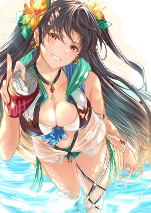 伊什塔尔,Fate/GrandOrder,Fate系列,前发,露肩,水着,黑发,脸红,胸部,cleavage,发饰,巨乳,长发,视线正对,红色眼,笑顔,泳装