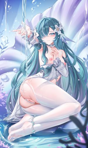 原神,jndfh,露肩,breasts,censored,连衣裙,绿发,发饰,长发,长袖,视线正对,nipples,张嘴,裤袜,猫咪,笑顔,single,超长发