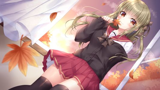 小日向ほしみ,原创,脸红,茶发,长发,红色眼,学校制服,短裙,天空,黑丝,絶対領域