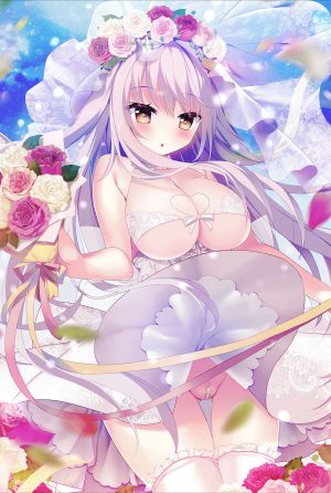 白もち桜,创可贴,脸红,花束,breasts,棕色眼,cleavage,连衣裙,发饰,holding,长发,视线正对,開口,花瓣,紫色眼,rose,single,丝袜,白丝