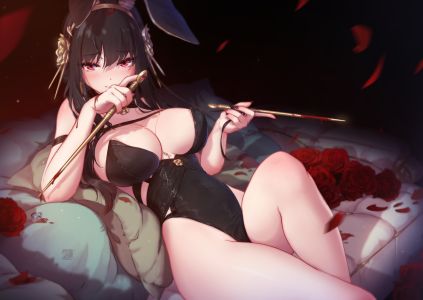 约尔,间谍过家家,兽耳,黑发,blood,兔耳,兔女郎,红色眼,rose,weapon,watermark