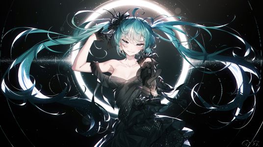 qys3,初音ミク,VOCALOID,black,breasts,cleavage,连衣裙,手套,长发,双马尾,signed