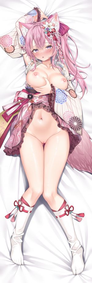 shimo,Hololive,博衣こより,萝裙,Vtuber,前发,三股辫,发饰,和服,kneehighs,No-Bra,nopan,衬衫,短裙,结发,传统服装,兽耳,脸红,breasts,长发,露脐,nipples,粉发,紫色眼,猫咪,视线正对,抱枕