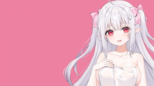 逆流茶会,原创,脸红,breast_hold,breasts,长发,粉红,红色眼,topless,毛巾,双马尾,aliasing,close,third-party_edit