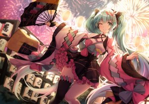 肿柴,初音ミク,VOCALOID,绿色眼,绿发,和服,萝裙,长发,天空,黑丝,双马尾,魔法未来演唱会