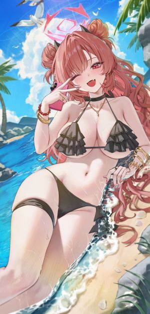 lichiko,yozakura_kirara,蔚蓝档案,水着,cameltoe,garter,光晕,horns,泳装