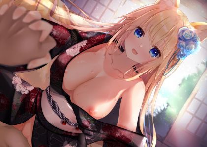 原创,kumakko,POV,兽耳,金发,碧眼,breasts,骑乘位,狐娘,发饰,和服,视线正对,nipples,開口,笑顔,张腿,骑乘,浴衣