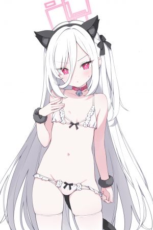 天童Kei,蔚蓝档案,jyt,兽耳,露肩,铃,脸红,bra,breasts,猫耳,光晕,长发,视线正对,露脐,胖次,single,丝袜,下着,超长发,白背景,白发,白丝